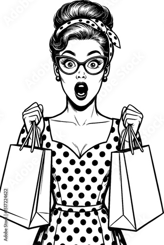 Surprised Pinup Woman with Shopping Bags Wearing Glasses and Polka Dot Dress in Black and White
