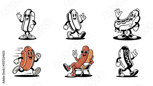 A six Set Of Cute Cartoon Hot Dogs in Various Poses