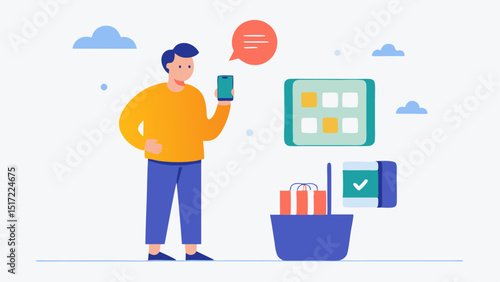 Confused Calculation A vector of a shopper staring blankly at their phone which shows a budgeting app with their spending for the month highlighted.