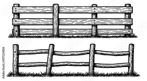 Illustration of Two Types of Wood Fence in Black and White with Grass Detail
