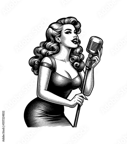 Pinup Woman Singing into Microphone with Curly Hair in Black and White Vintage Style