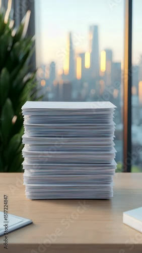 A stack of digital resumes floating above a modern office desk, peaceful industrial skyline in the background, minimalistic, 3D render, top view.