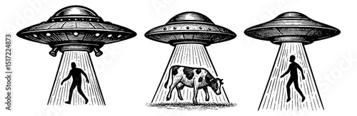 Three Flying Saucers Abducting Human and Cow with Light Beam in Engraving Line Art