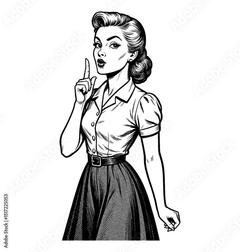 Retro Woman Gesturing Shh Sign with Finger Up in Pop Art Black and White Style