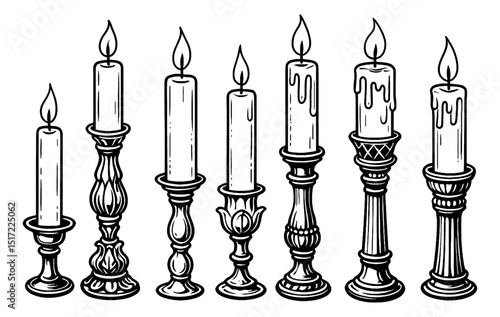 Illustration of various burning candles in candlesticks isolated on white background.
