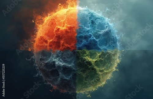 Fototapeta Naklejka Na Ścianę i Meble -  Illustration of four elements fire water air earth. Earth globe with divided sections. Blue water flames orange fire green earth with fractal texture. Abstract art, energy, concept.