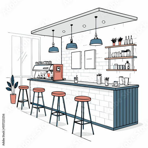 Create a bold vector illustration of a stylish cafe interior, featuring tables, chairs, and a coffee bar.  Include warm lighting and minimalist design elements.