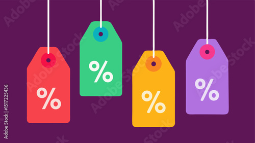 Colorful Price Tags Playful price tags with varying percentages off designed in bright colors and patterns each hanging on strings in a whimsical way.