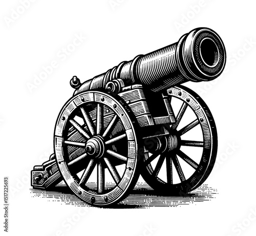 Engraved illustration of a vintage cannon on wheels in black and white detailed art