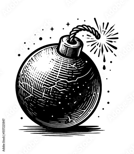 Explosive bomb with fuse lit and crack in black and white engrave line art drawing