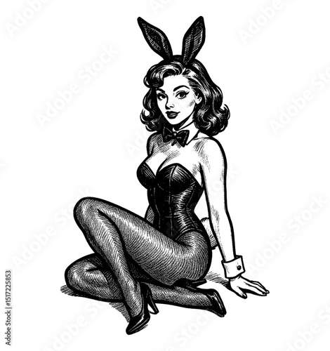 Elegant Brunette Pinup Woman in Bunny Costume Sitting with a Confident Expression Black and White Art