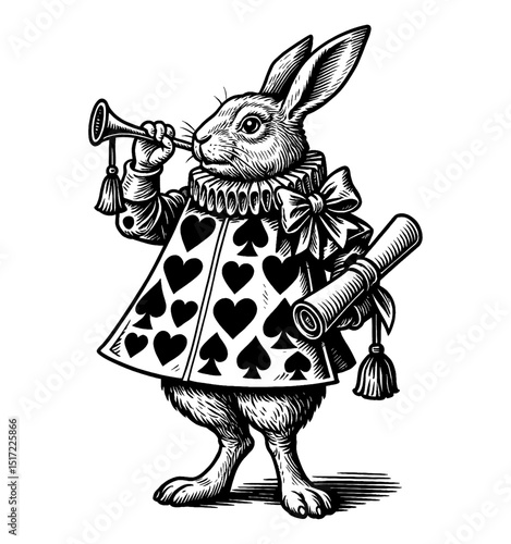 Anthropomorphic Rabbit with Trumpet and Scroll in Engraving Black and White Detailed Illustration