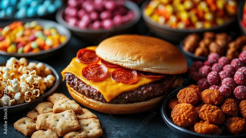 Colorful snacks and a pepperoni burger Colorful snacks and a pepperoni burger