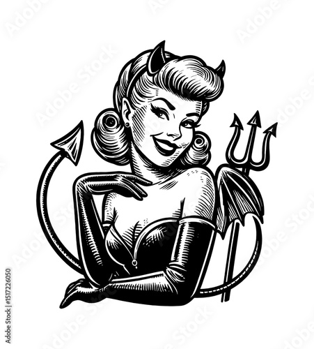 Pinup woman as devil with horns tail and pitchfork smiling in vintage style engraving