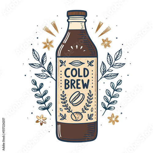 Create a bold, vector illustration of a cold brew coffee bottle with a thick, dark outline.  Show condensation.