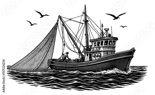 Engraved Illustration of Fishing Boat with Fisherman and Birds on the Water in Black and White