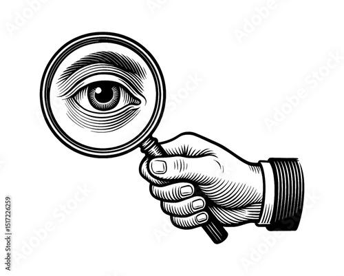 Engraved Illustration of a Hand Holding a Magnifying Glass with an Eye Inside