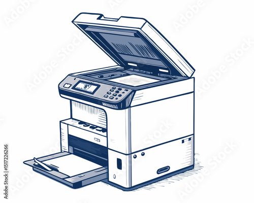 Create a bold, vector illustration of a photocopier with a prominent "O(1)" label, emphasizing clean lines and strong strokes.