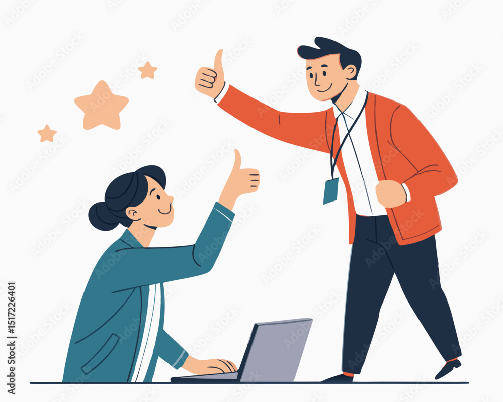 Create a bold vector illustration of a coworker giving a thumbs-up gesture, emphasizing strong outlines and vibrant colors. Create a bold vector illustration of a coworker giving a thumbs-up gesture, emphasizing strong outlines and vibrant colors.