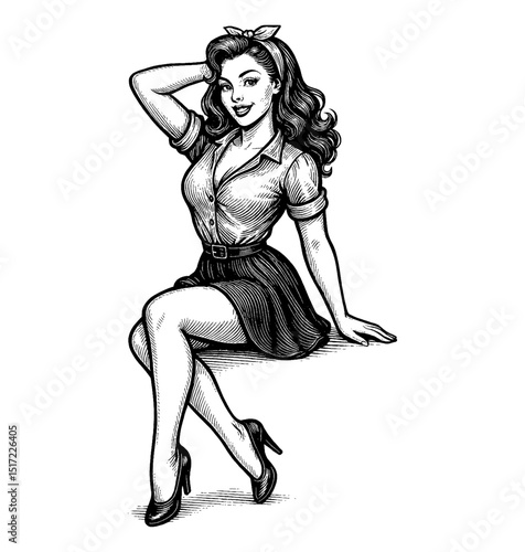 Smiling Pinup Woman Sitting Gracefully with Hand on Head in Detailed Black and White Engraving