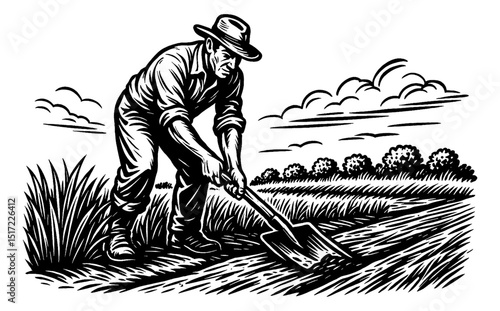 Engraving Illustration of Farmer Digging Soil with Shovel in Field with Clouds and Trees
