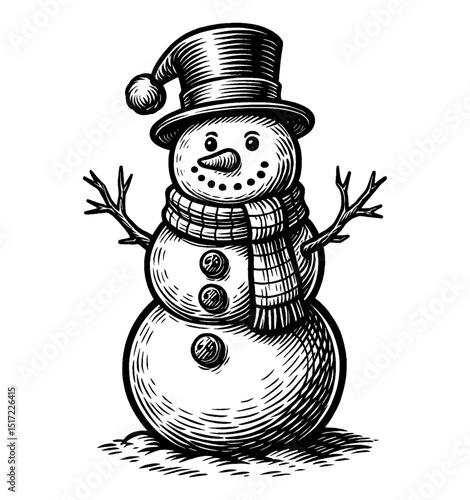 Engraved snowman with hat and scarf in black and white on white background
