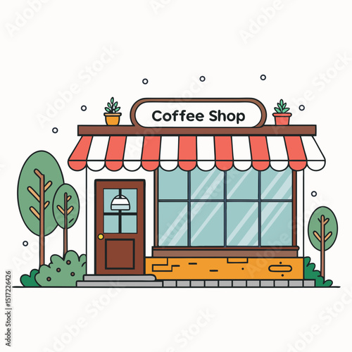 Create a bold vector illustration of a cozy coffee shop street scene, emphasizing warm lighting and inviting atmosphere.