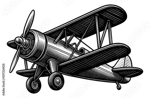 Illustration of a Vintage Biplane Airplane Engraved in Black and White Detailed Line Art