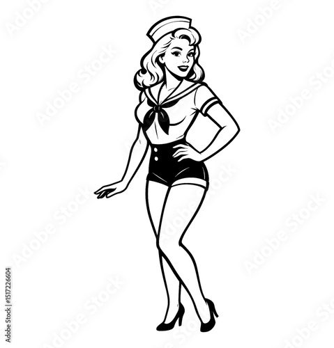 Smiling Blonde Pinup Woman in Sailor Outfit with Hand on Hip in Black and White Illustration