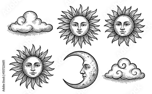 Engraved Sun Moon and Clouds Collection, Vintage Celestial Illustration Set, Black and White