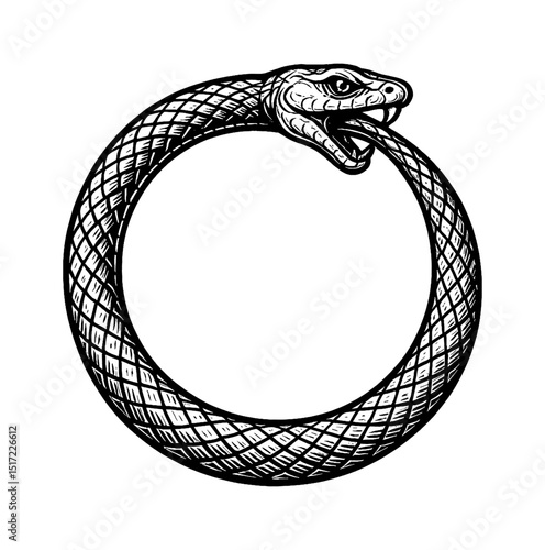 Ouroboros Snake Eating its Own Tail in a Circular Shape Black and White Engraving Style