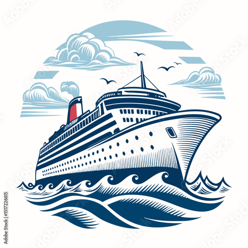Create a bold, vector illustration of a cruise ship sailing on a calm sea, emphasizing strong outlines and clean lines.