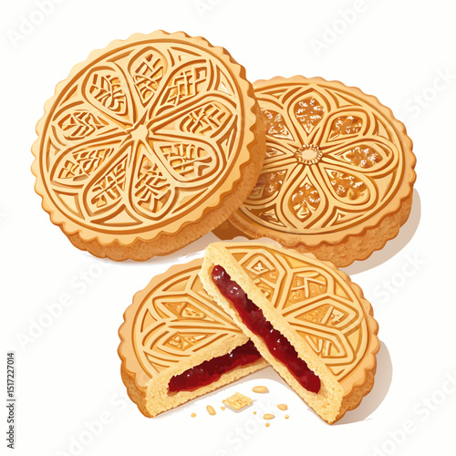 Create a bold, vector illustration of a filled date maamoul cookie.  Emphasize the texture and detail of the pastry.
