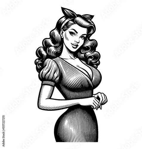 Black and white vector illustration of a pinup woman in dress smiling slightly
