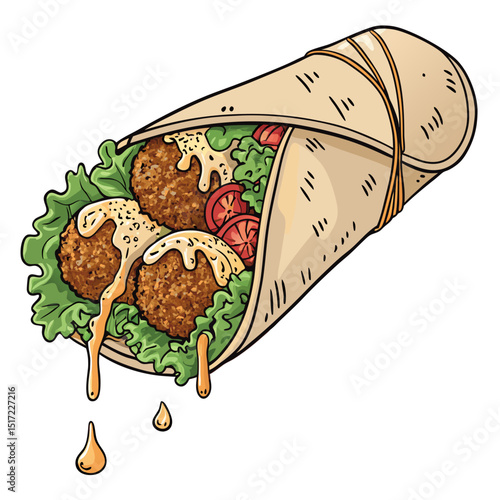 Create a bold, vector illustration of a falafel wrap, emphasizing the textures and ingredients.  Include vibrant colors and a clean, modern style.