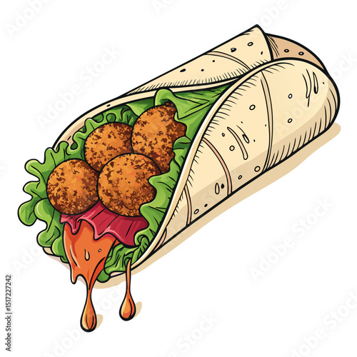 Create a bold, vector illustration of a falafel wrap, emphasizing its texture and ingredients. Include a stylized 'L' subtly incorporated into the design.