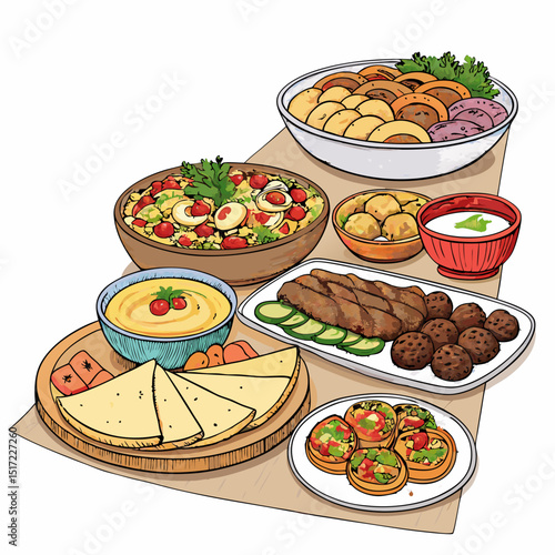 Create a bold vector illustration of a lavish feast table overflowing with food, emphasizing thick outlines and strong contrasts.  Include abundant detail.