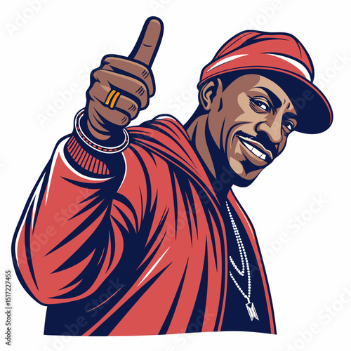 Create a bold, vector illustration of a gangster character, making a "ha" gesture, with exaggerated features and strong outlines.