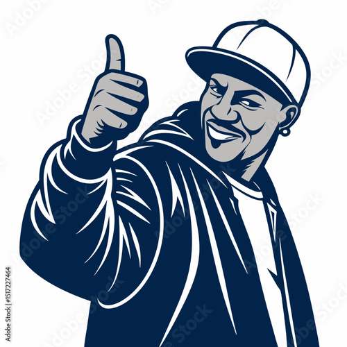 Create a bold vector illustration of a stylized gangsta character making a "ha" gesture, emphasizing strong outlines and vibrant colors.