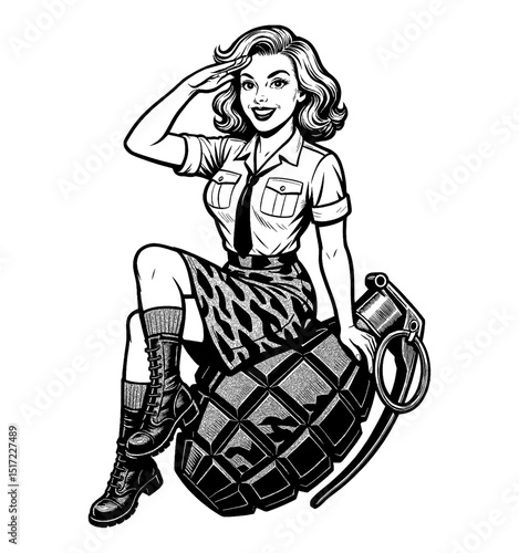 Caucasian Pinup Woman Sitting on Grenade Saluting with Happy Expression in Detailed Drawing