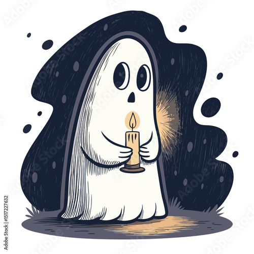 Create a vector illustration of a bold, cartoon ghost holding a soda can, spooky yet playful style.