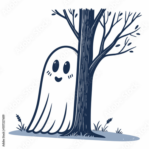 Create a bold vector illustration of a mischievous ghost peeking from behind a sheet, with a playful, slightly spooky expression.  Focus on strong outlines and a clean, modern style.