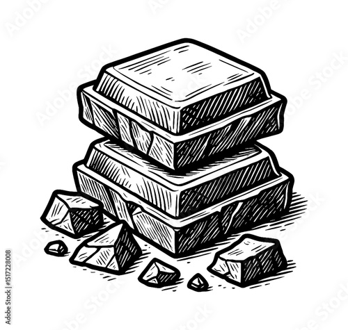 Illustration of Stacked Chocolate Pieces with Black and White Engraved Style