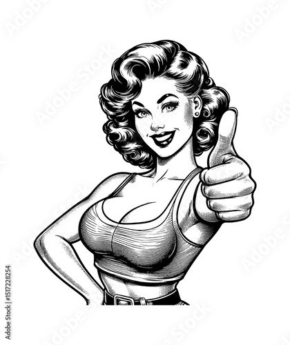 Pinup Woman Giving Thumbs Up with a Big Smile in Black and White Engraving Art Style