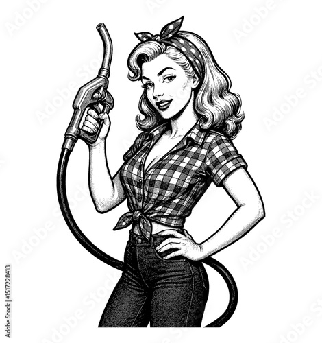 Smiling Pinup Woman Holding Fuel Nozzle Wearing Bandana and Plaid Shirt in Engrave Style