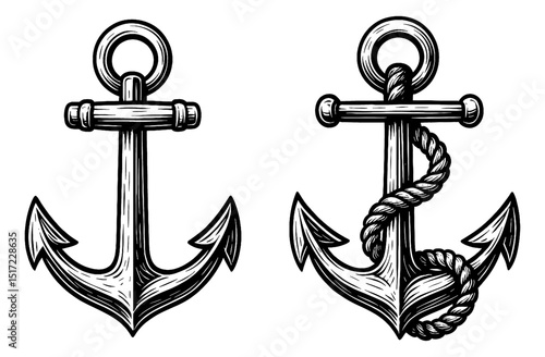 Two vintage black and white engraved anchor drawings, one with a rope around it.