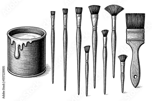 Collection of Paintbrushes and Paint Can in Detailed Woodcut Style Illustration