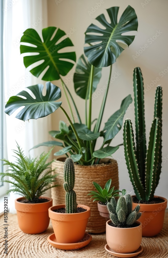 Fototapeta premium Home interior with various green plants in ceramic pots. Monstera, cactus, succulent plants creates boho living room atmosphere. Home garden hobby. Decoration with plant leaf, home design. Modern