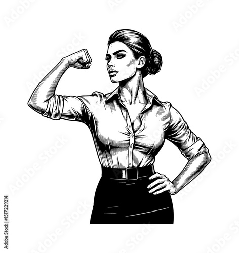 Confident Businesswoman Flexing Arm in Black and White Detailed Illustration