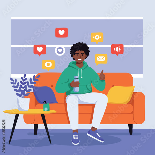 Young man sitting on orange couch with green hoodie using smartphone and social media icons vector illustration 